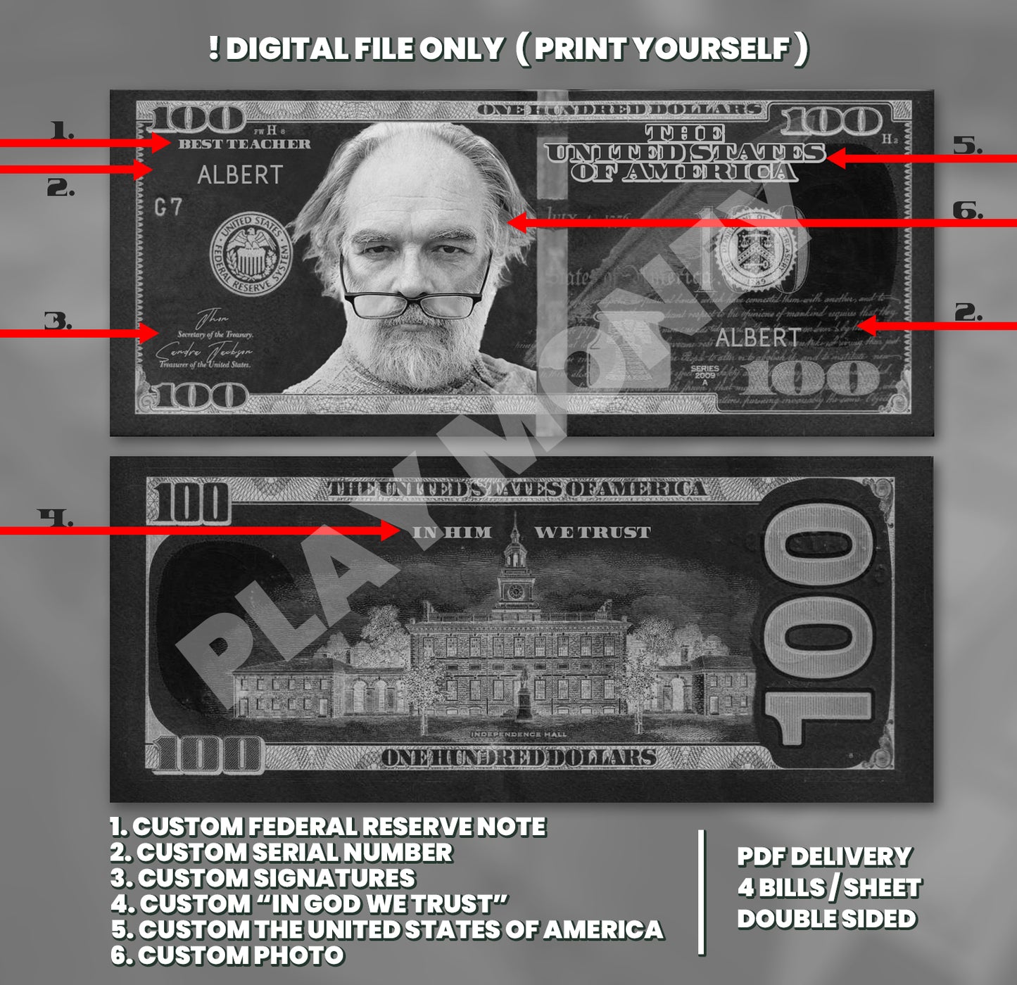 Black and white Halloween $100 bill design with custom face and message, perfect for haunted houses and spooky celebrations