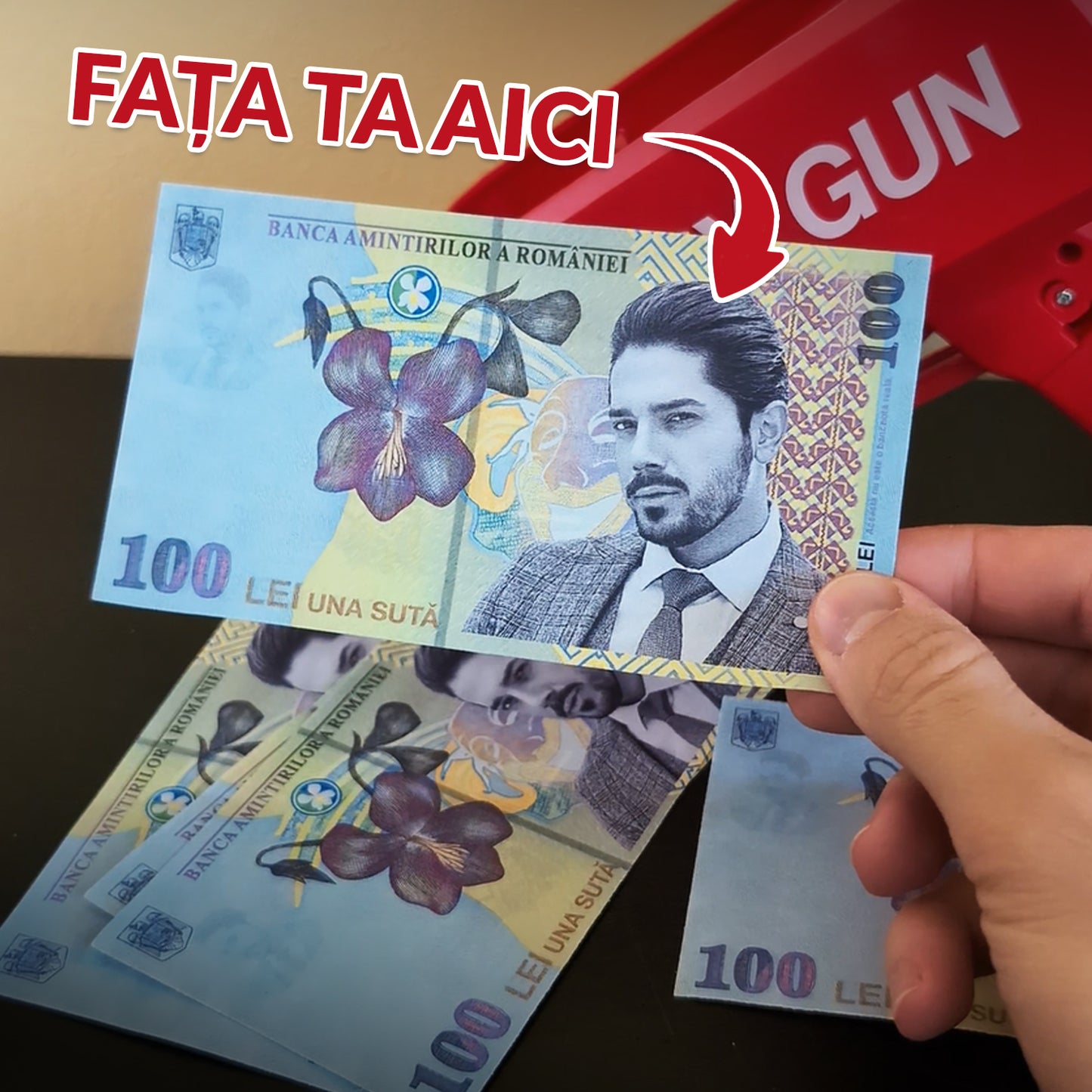 Bancnota 100 lei personalizată cu fața clientului – cadou unic