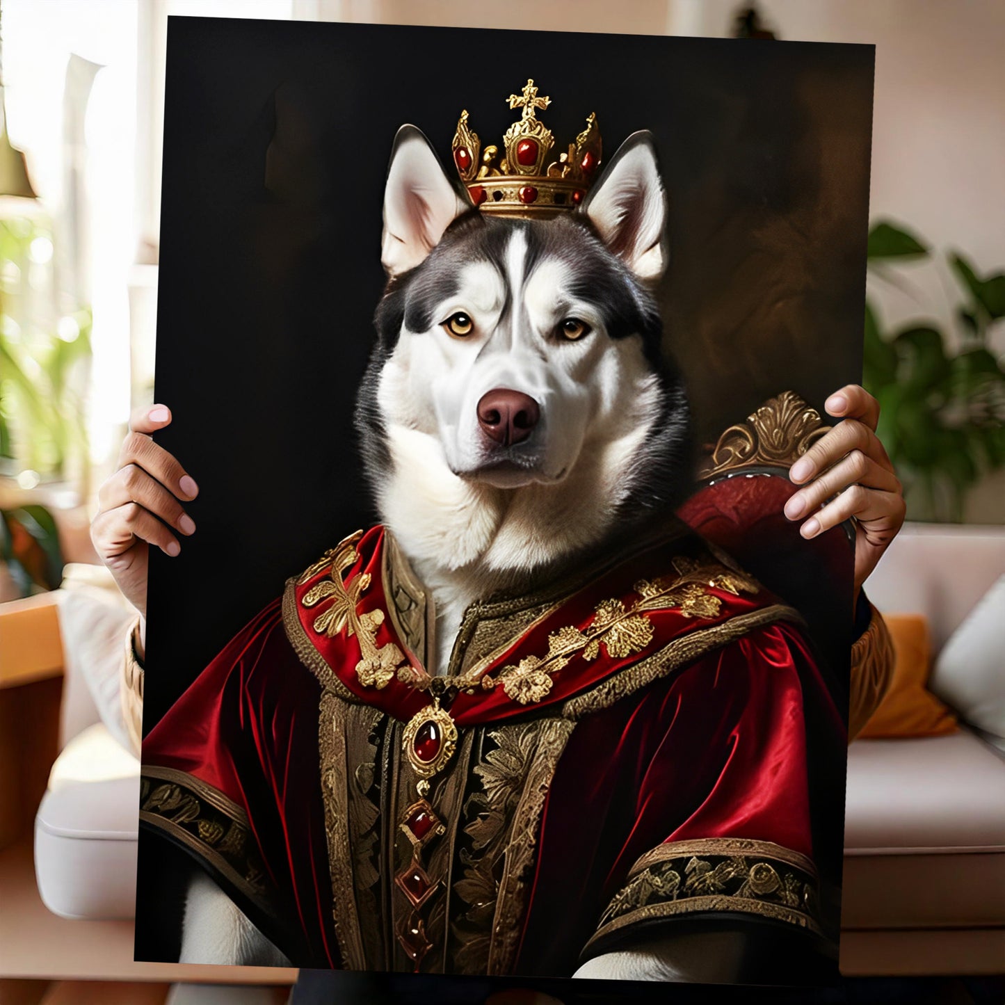 Custom Renaissance pet portrait featuring a cat, dog, horse, or any pet dressed as a noble, king, or queen. Personalized digital artwork inspired by 16th-century royal paintings, perfect for pet lovers. Turn your furry friend into a historical masterpiece, available as a printable file or canvas print. A unique gift for pet owners, history enthusiasts, and those who love custom pet art decor.