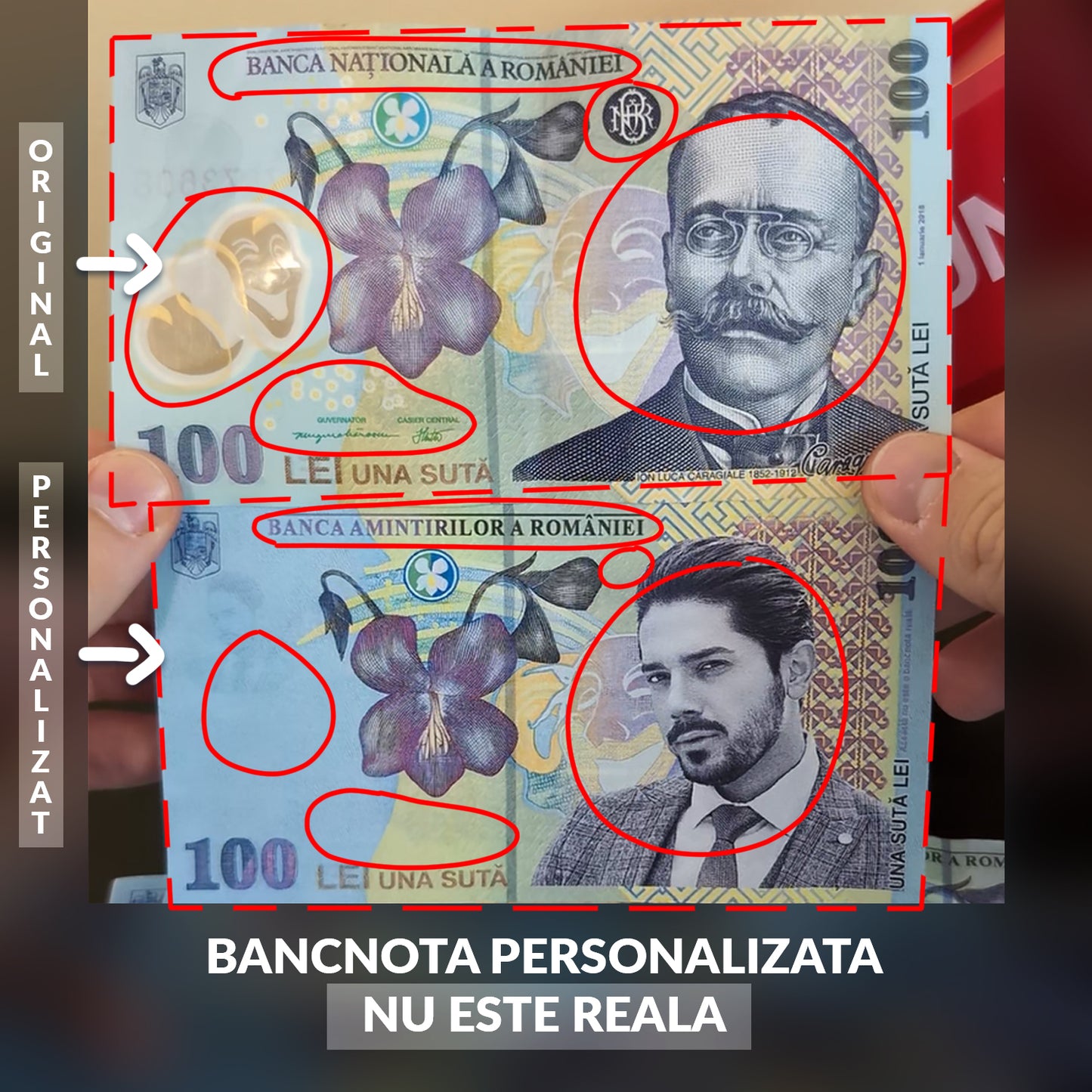 Design creativ pe bancnotă românească 100 lei – imagine cu portret personalizat