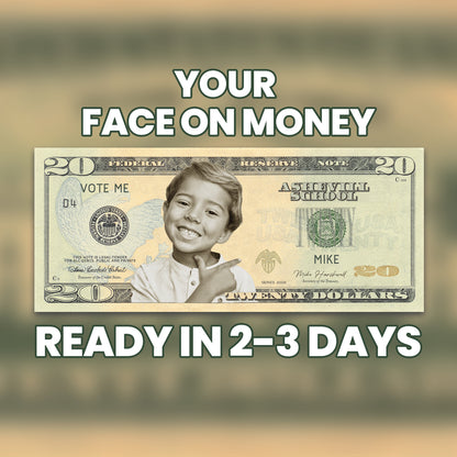 Custom $20 bill with personalized photo and text, classic design for weddings, parties, and business events