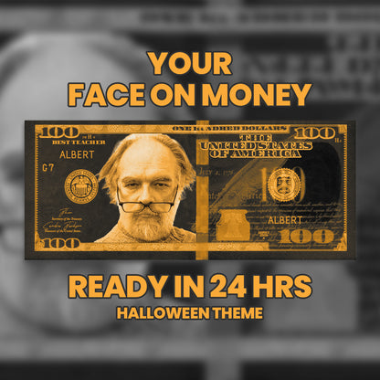 Halloween-themed custom $100 bill in black and orange, personalized with your photo and text for festive spooky parties