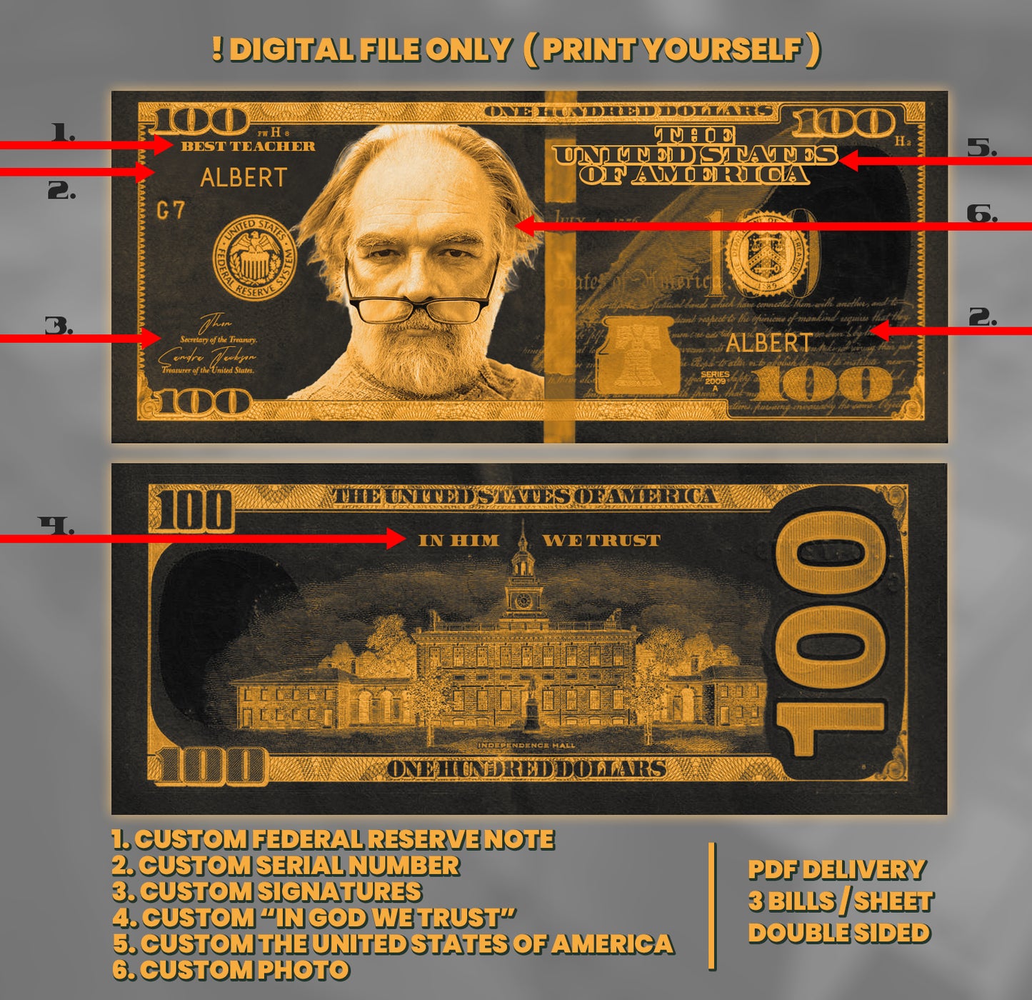 Vibrant black and orange Halloween $100 bill design with custom face and message, ideal for haunted events and celebrations
