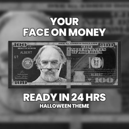Spooky custom Halloween $100 bill in black and white, personalized with your photo and text for eerie-themed parties and events