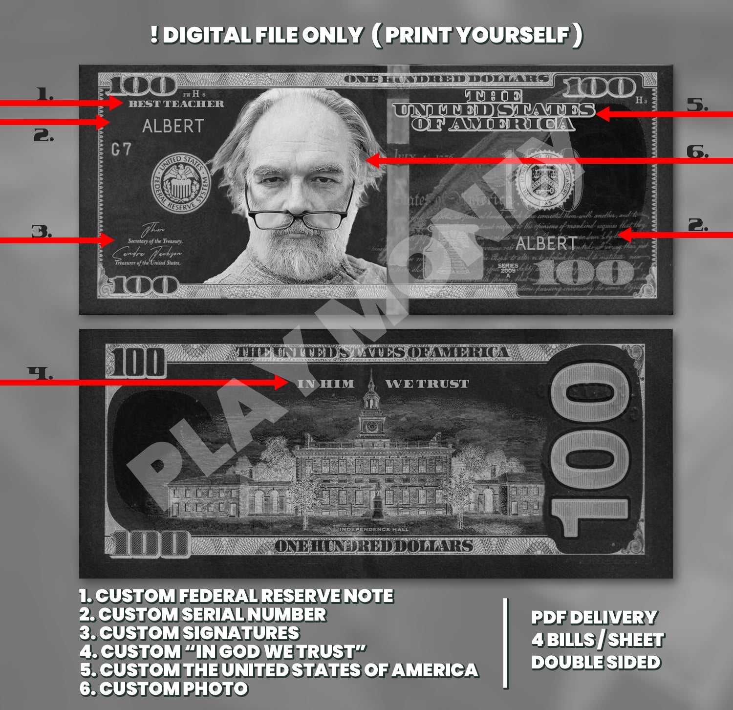 Black and white Halloween $100 bill design with custom face and message, perfect for haunted houses and spooky celebrations