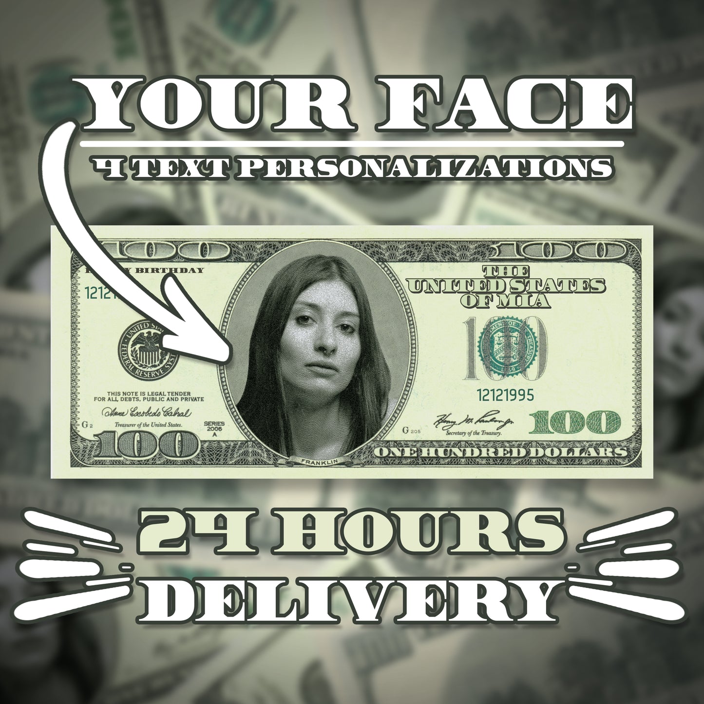 Vintage-style custom $100 bill with personalized photo and text, perfect for themed parties, retro events, and historical celebrations