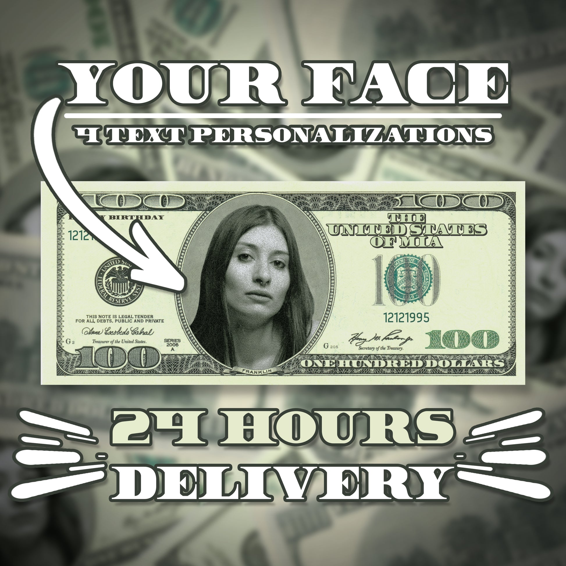 Vintage-style custom $100 bill with personalized photo and text, perfect for themed parties, retro events, and historical celebrations