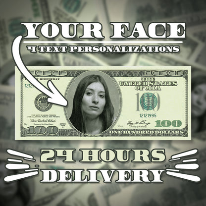 Vintage-style custom $100 bill with personalized photo and text, perfect for themed parties, retro events, and historical celebrations