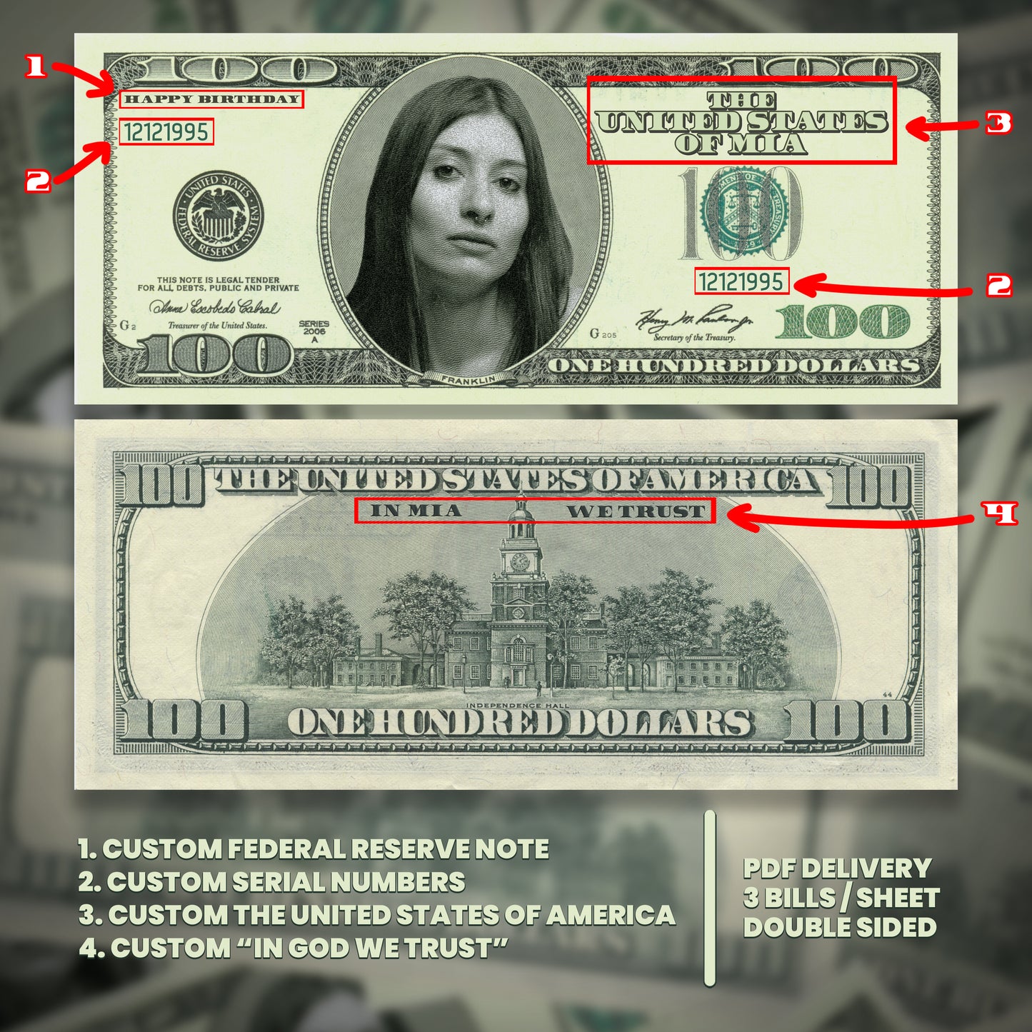 Old-style $100 bill design with custom face and message, ideal for adding a nostalgic touch to weddings and anniversaries