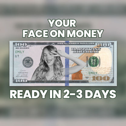 High-quality custom $100 bill featuring a classic design with personalized face and message, perfect for special occasions