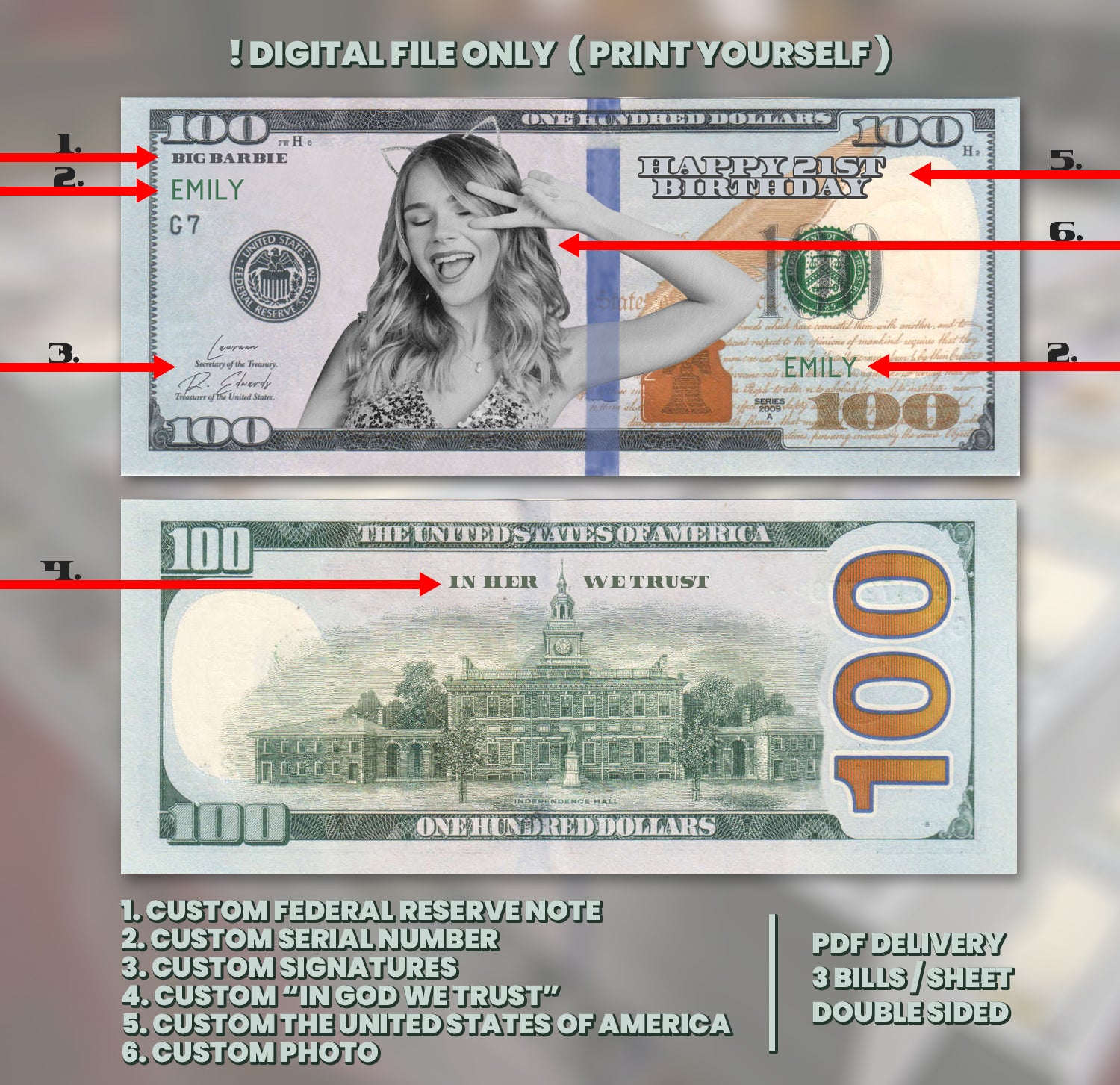 High-quality custom $100 bill featuring a classic design with personalized face and message, perfect for special occasions