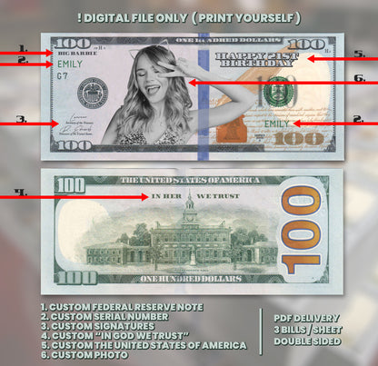 High-quality custom $100 bill featuring a classic design with personalized face and message, perfect for special occasions