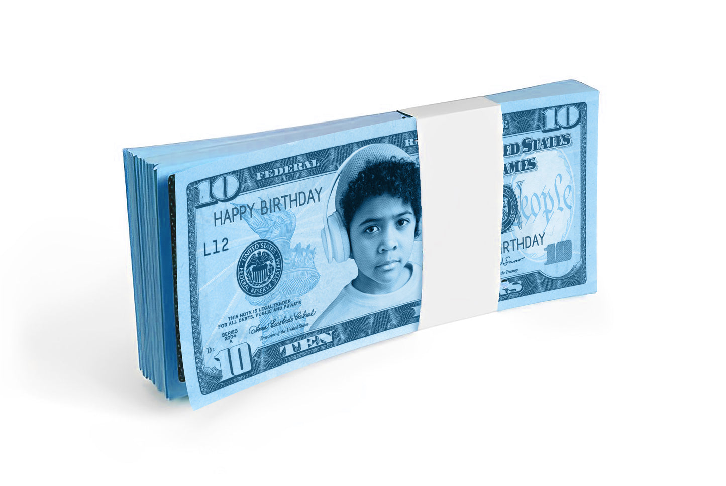 Personalized blue $10 bill featuring your photo and text, perfect for adding a unique touch to boys' special celebrations