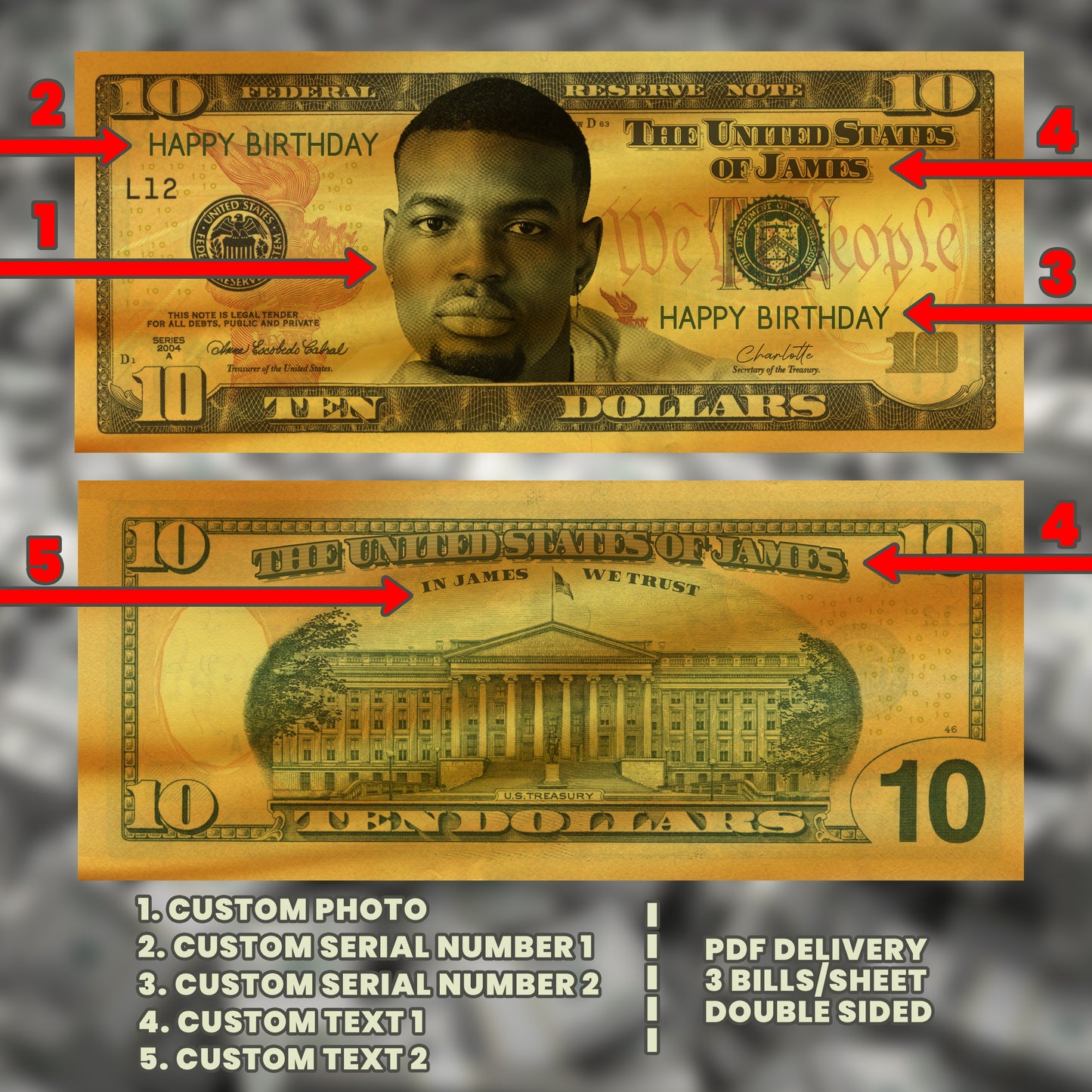 Gold custom $10 bill featuring your image and text, designed for high-end celebrations and corporate events