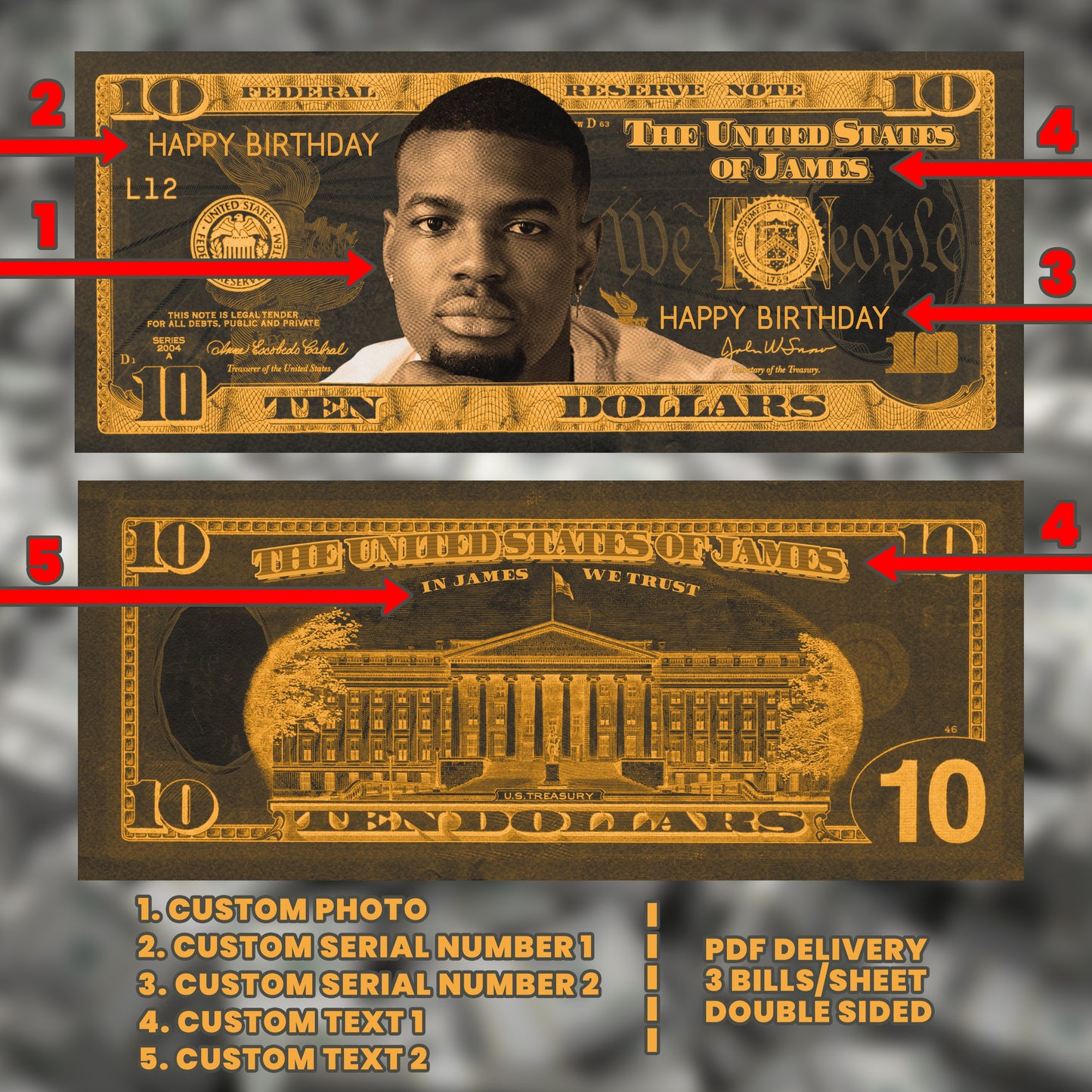 Personalized black and orange Halloween $10 bill, designed for adding a festive touch to your spooky event or party