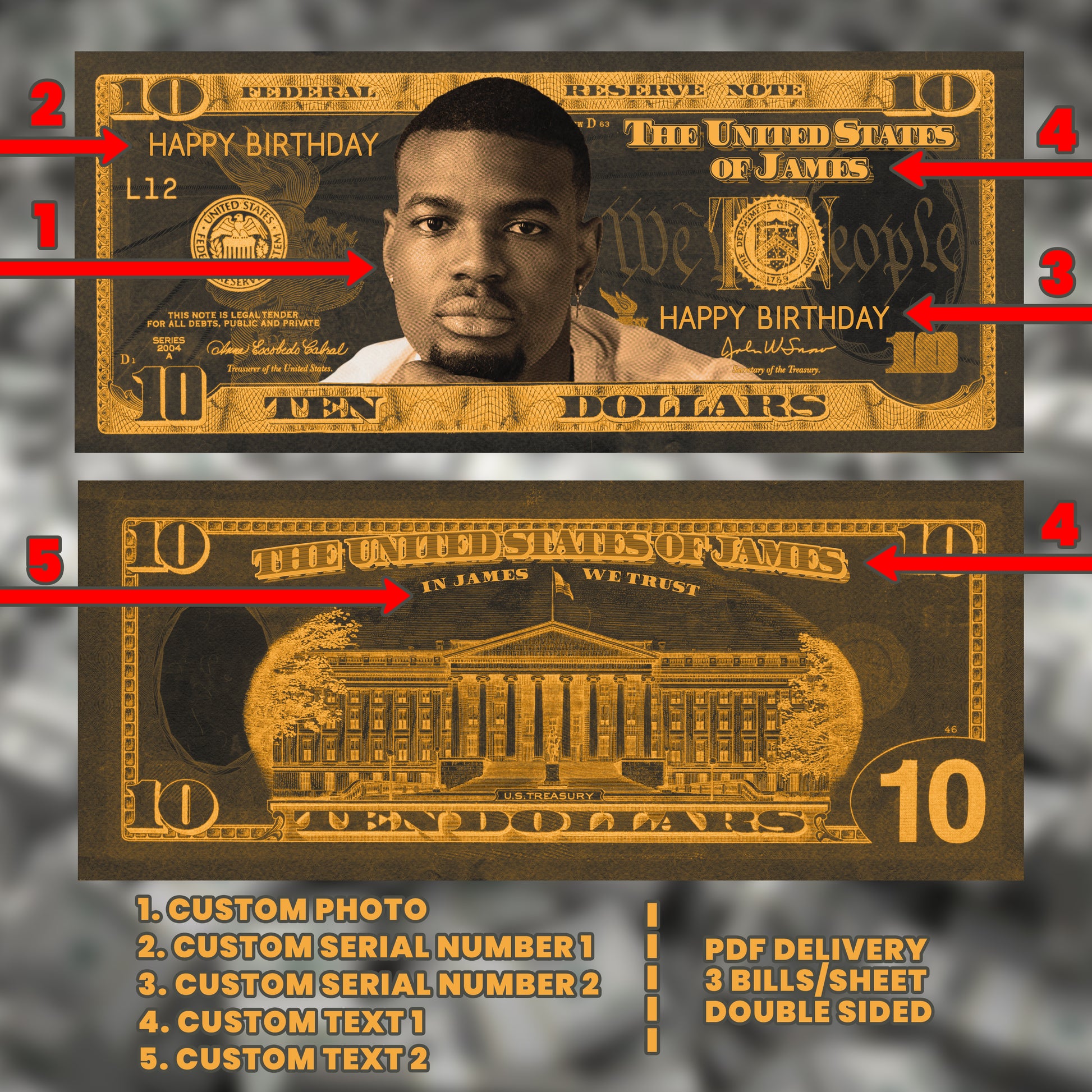 Personalized black and orange Halloween $10 bill, designed for adding a festive touch to your spooky event or party
