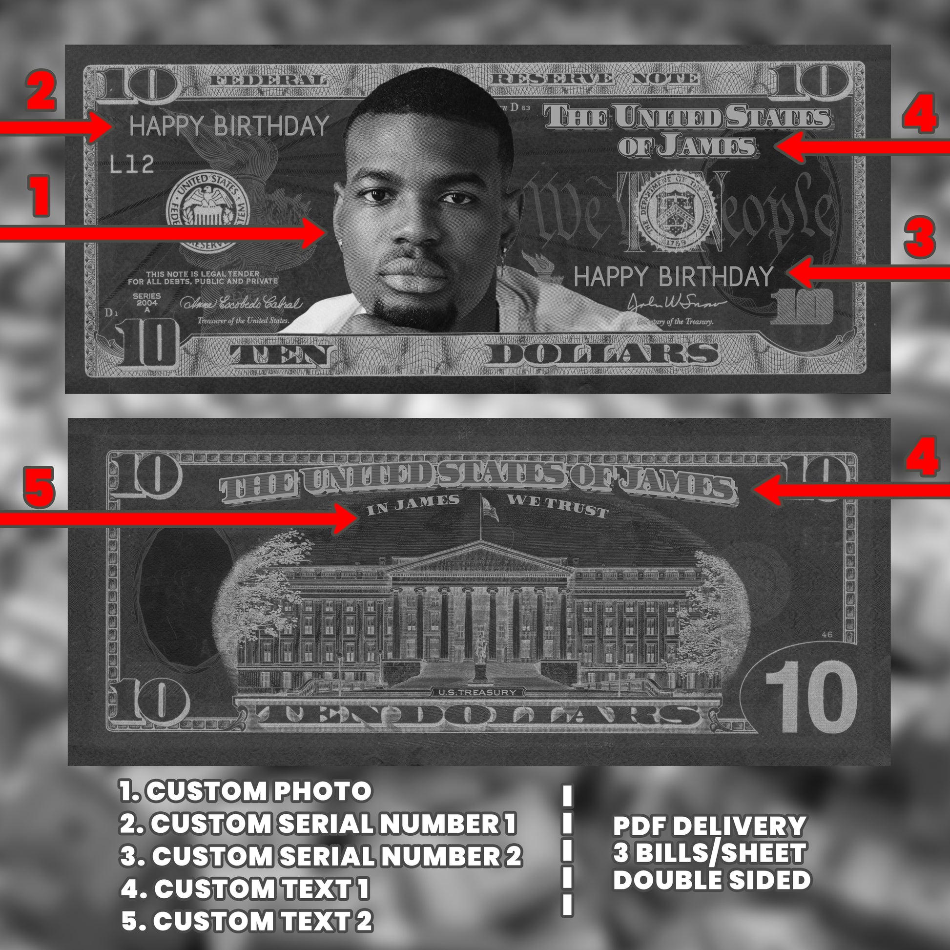 Halloween-themed custom $10 bill in black and white, featuring your image and text, ideal for ghostly parties and horror events