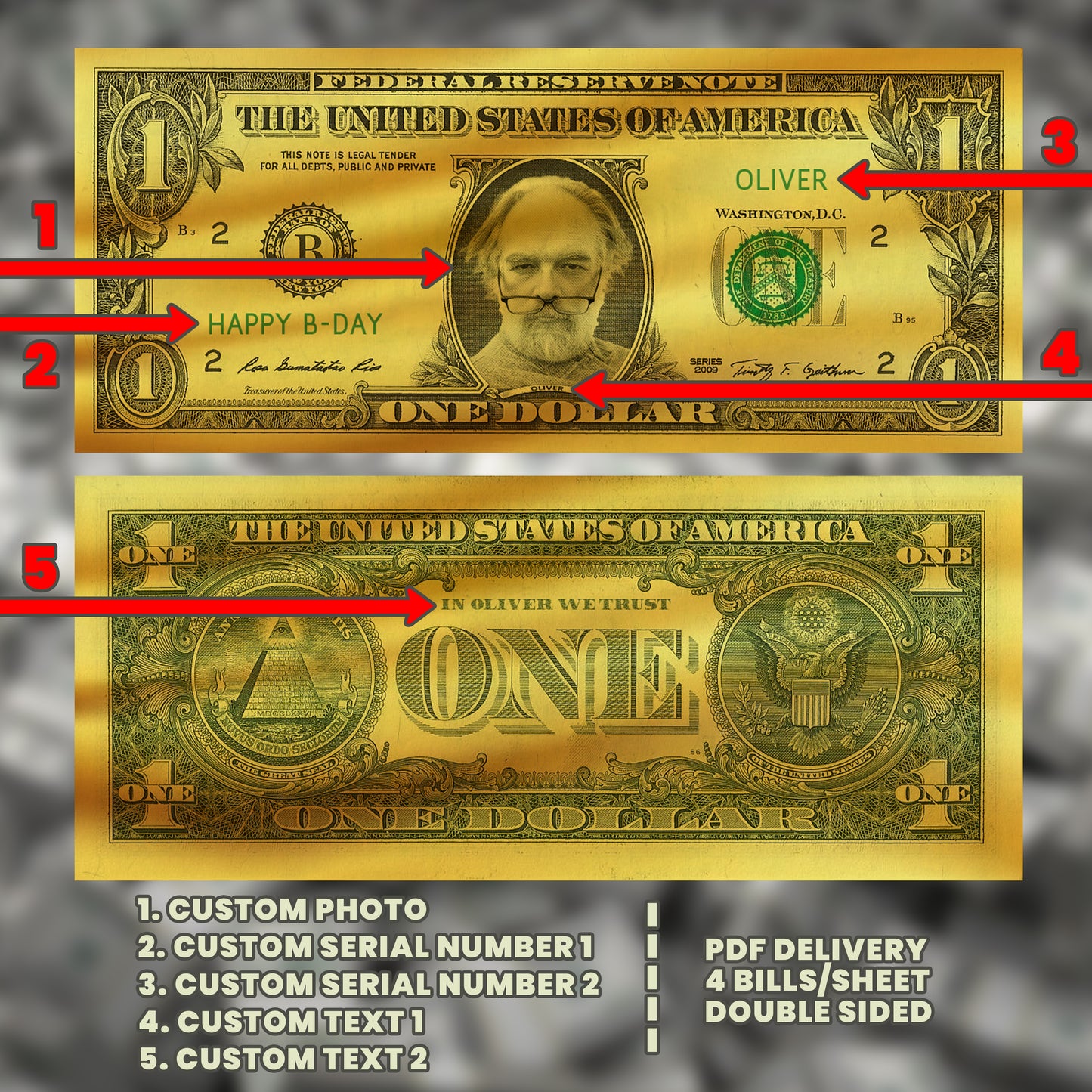 Gold custom $1 bill featuring your image and text, designed for high-end celebrations and corporate events