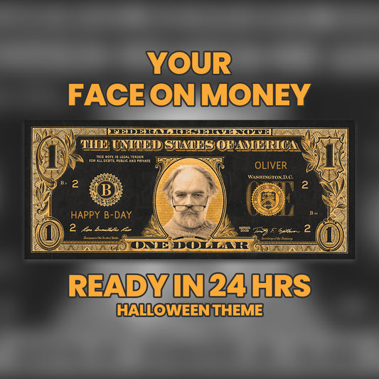 Halloween-themed custom $1 bill in black and orange, personalized with your photo and text for festive spooky parties