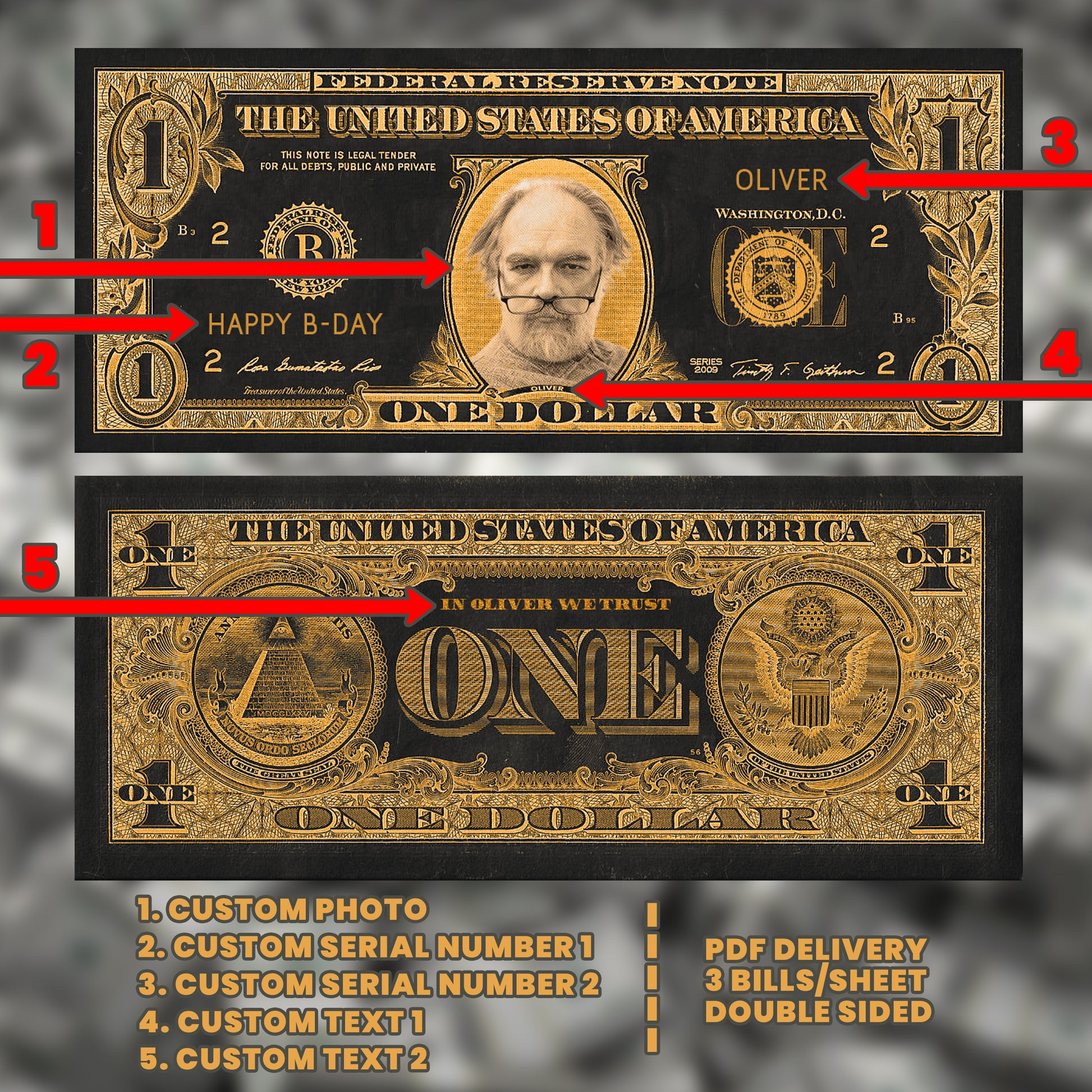 Personalized black and orange Halloween $1 bill, designed for adding a festive touch to your spooky event or party 