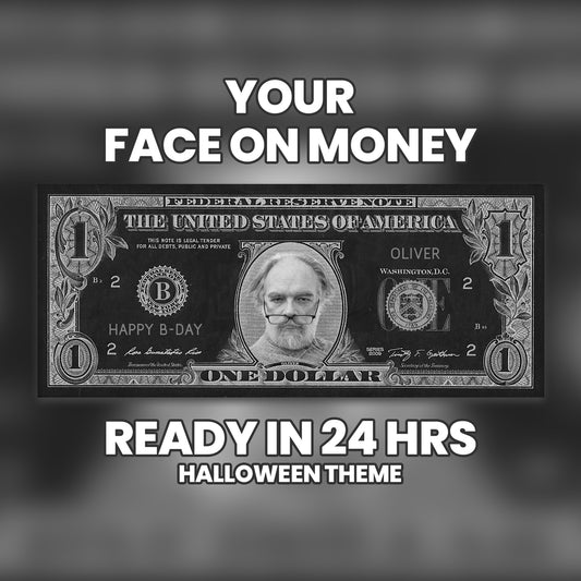 Black and white Halloween $1 bill design with custom face and message, perfect for haunted houses and spooky celebrations