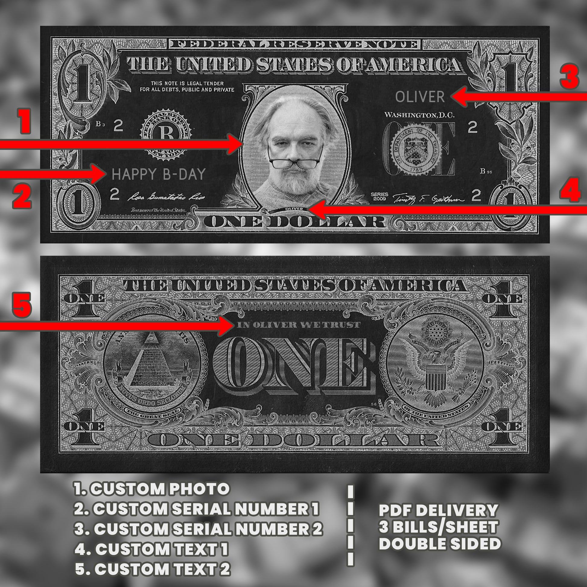 Halloween-themed custom $1 bill in black and white, featuring your image and text, ideal for ghostly parties and horror events