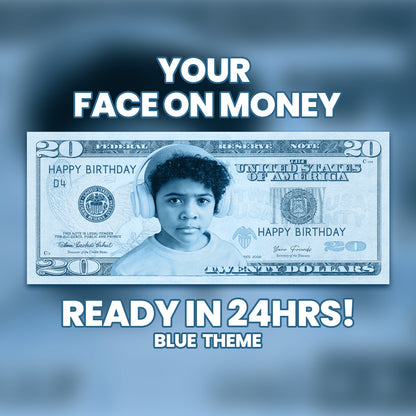 Cool blue $20 bill design with custom face and message, ideal for boys' events like birthdays, graduations, and parties