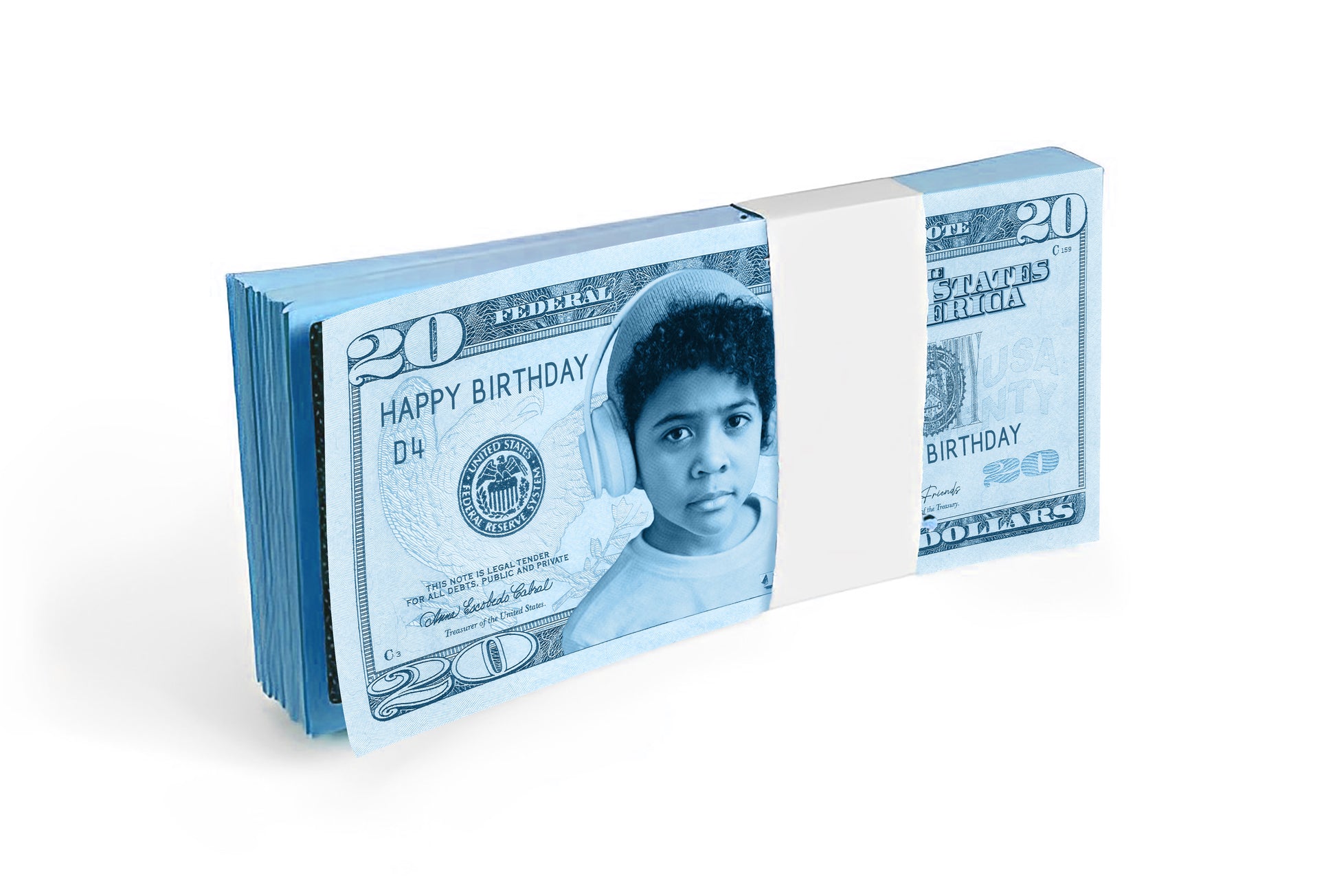 Personalized blue $20 bill featuring your photo and text, perfect for adding a unique touch to boys' special celebrations