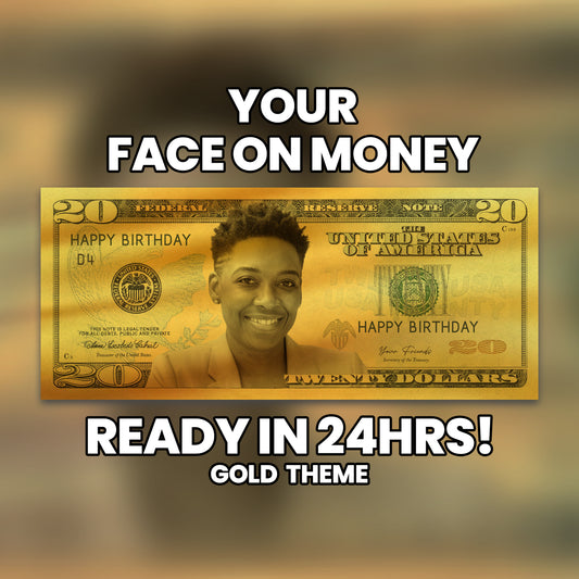 Gold $20 bill design with custom face and message, perfect for adding elegance to business promotions and special occasions