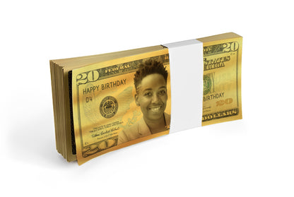 Personalized gold $20 bill with your photo and text, ideal for making weddings, anniversaries, and luxury events unforgettable