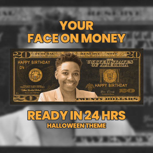 Halloween-themed custom $20 bill in black and orange, personalized with your photo and text for festive spooky parties