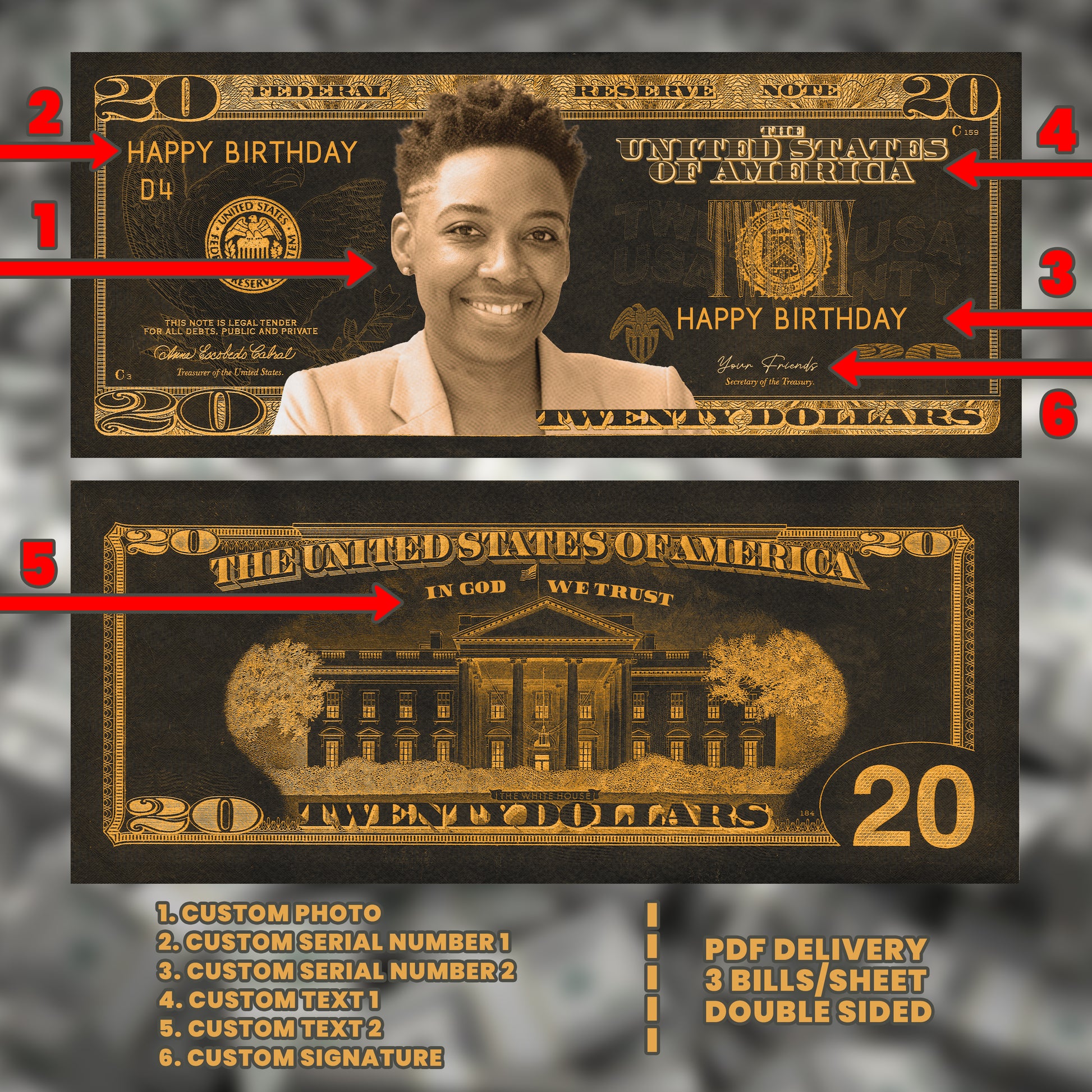 Custom Halloween $20 bill in black and orange, featuring your image and text, perfect for making Halloween parties memorable