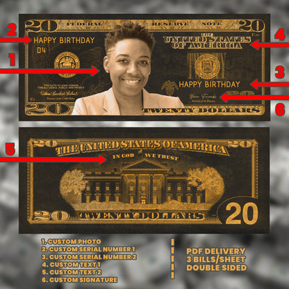 Custom Halloween $20 bill in black and orange, featuring your image and text, perfect for making Halloween parties memorable
