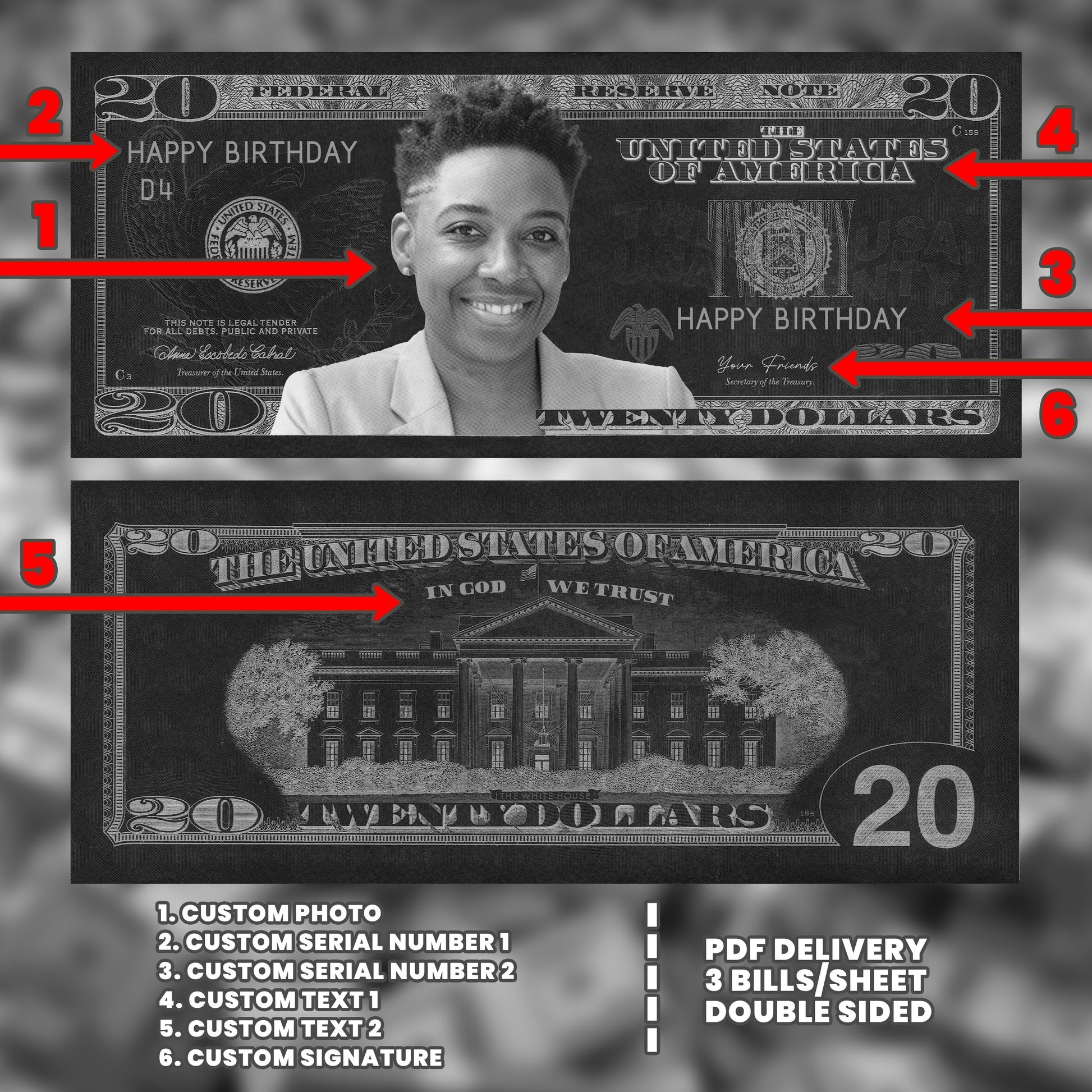 Halloween-themed custom $20 bill in black and white, featuring your image and text, ideal for ghostly parties and horror events