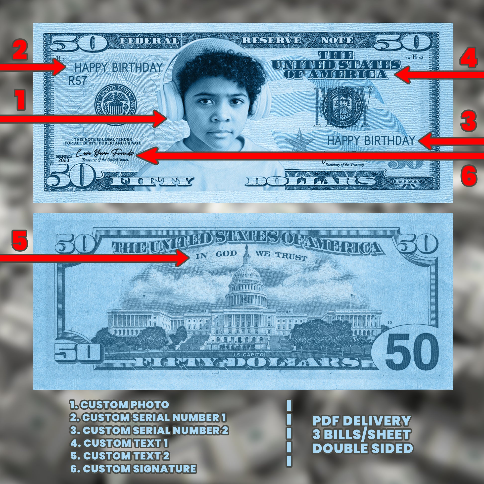 Cool blue $50 bill design with custom face and message, ideal for boys' events like birthdays, graduations, and parties