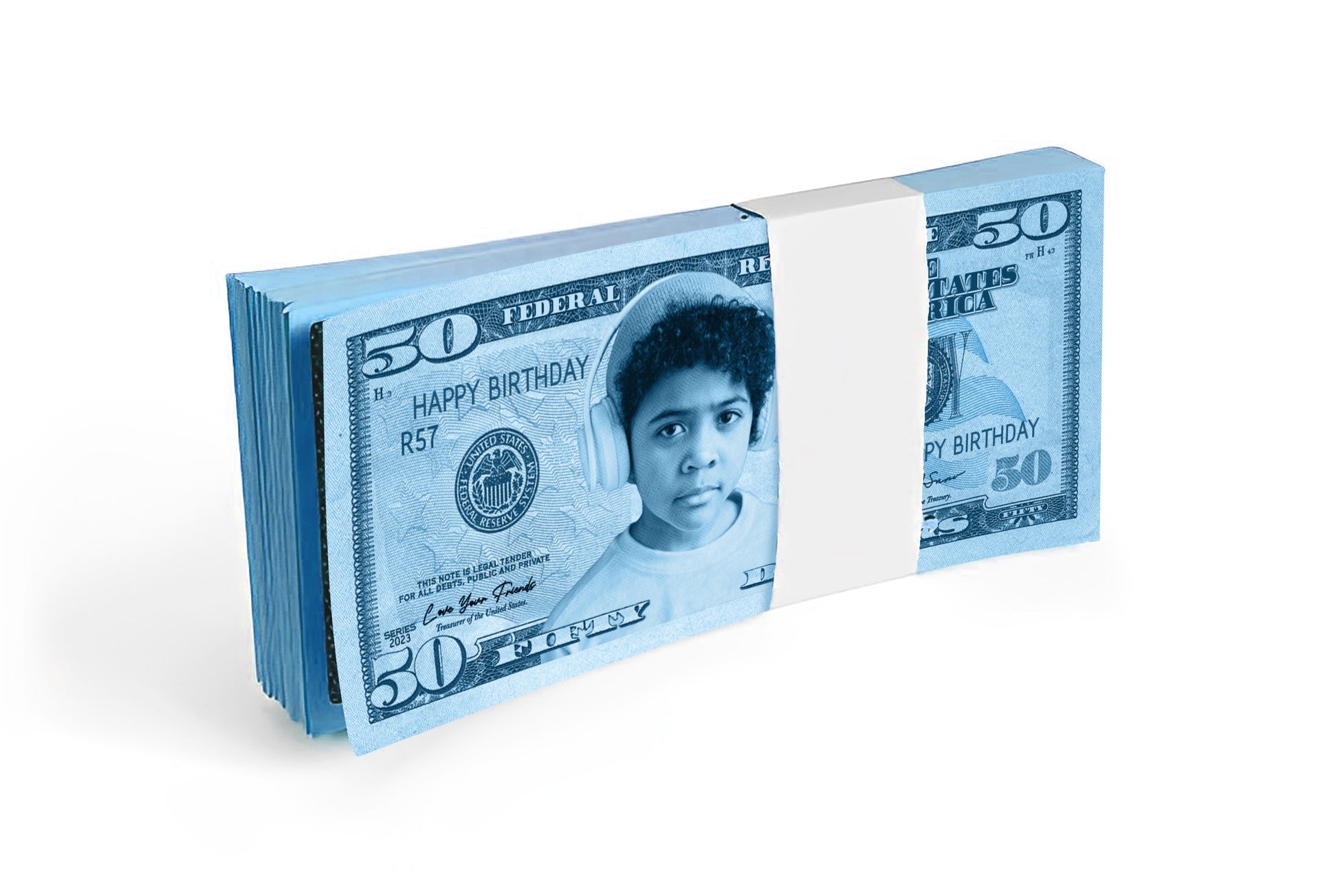 Blue custom $50 bill with your image and text, designed for boys' themed parties, youth events, and fun occasions