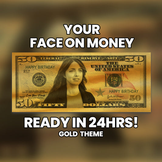 Gold $50 bill design with custom face and message, perfect for adding elegance to business promotions and special occasions