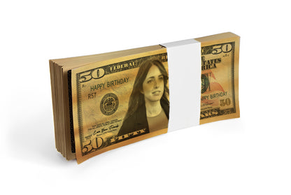 Personalized gold $50 bill with your photo and text, ideal for making weddings, anniversaries, and luxury events unforgettable