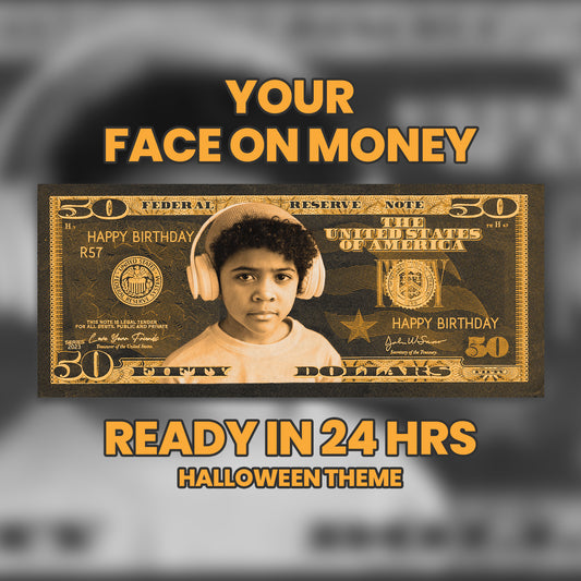 Custom Halloween $50 bill in black and orange, featuring your image and text, perfect for making Halloween parties memorable