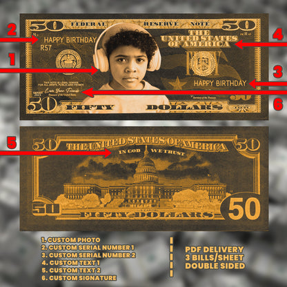 Vibrant black and orange Halloween $50 bill design with custom face and message, ideal for haunted events and celebrations