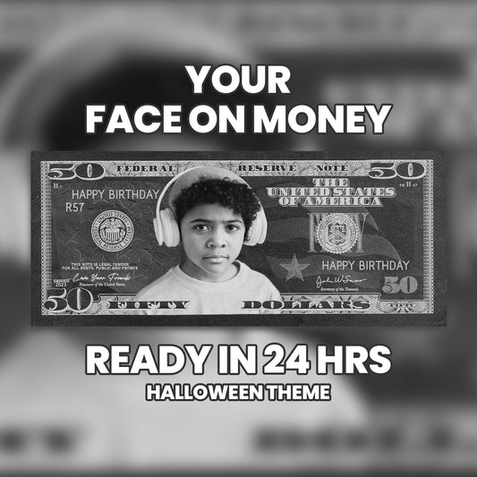 Halloween-themed custom $50 bill in black and white, featuring your image and text, ideal for ghostly parties and horror events