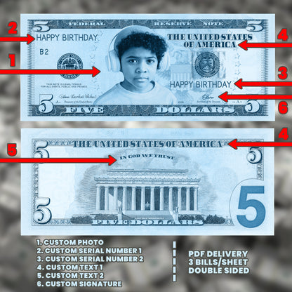 Blue custom $5 bill with your image and text, designed for boys' themed parties, youth events, and fun occasions