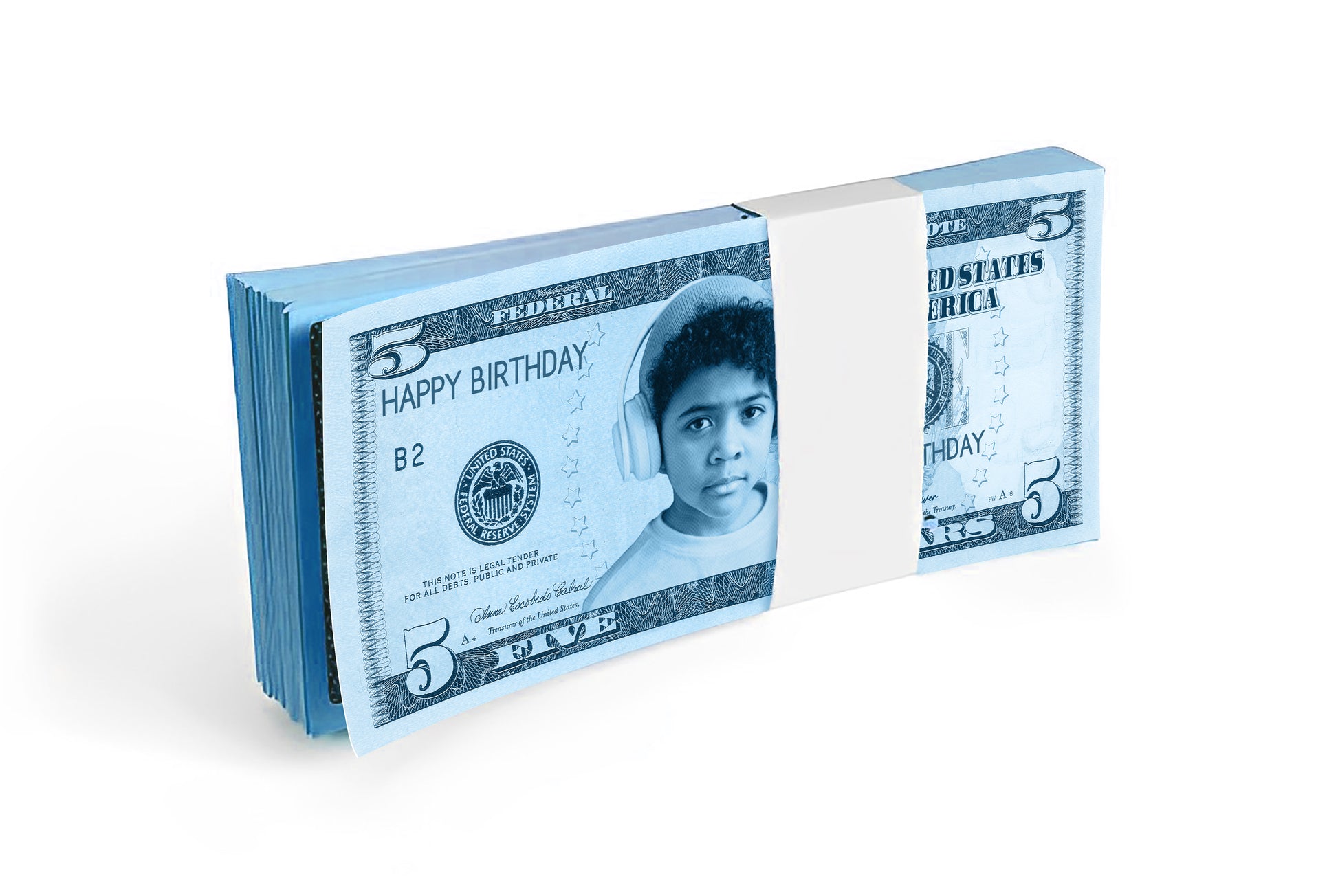 Personalized blue $5 bill featuring your photo and text, perfect for adding a unique touch to boys' special celebrations