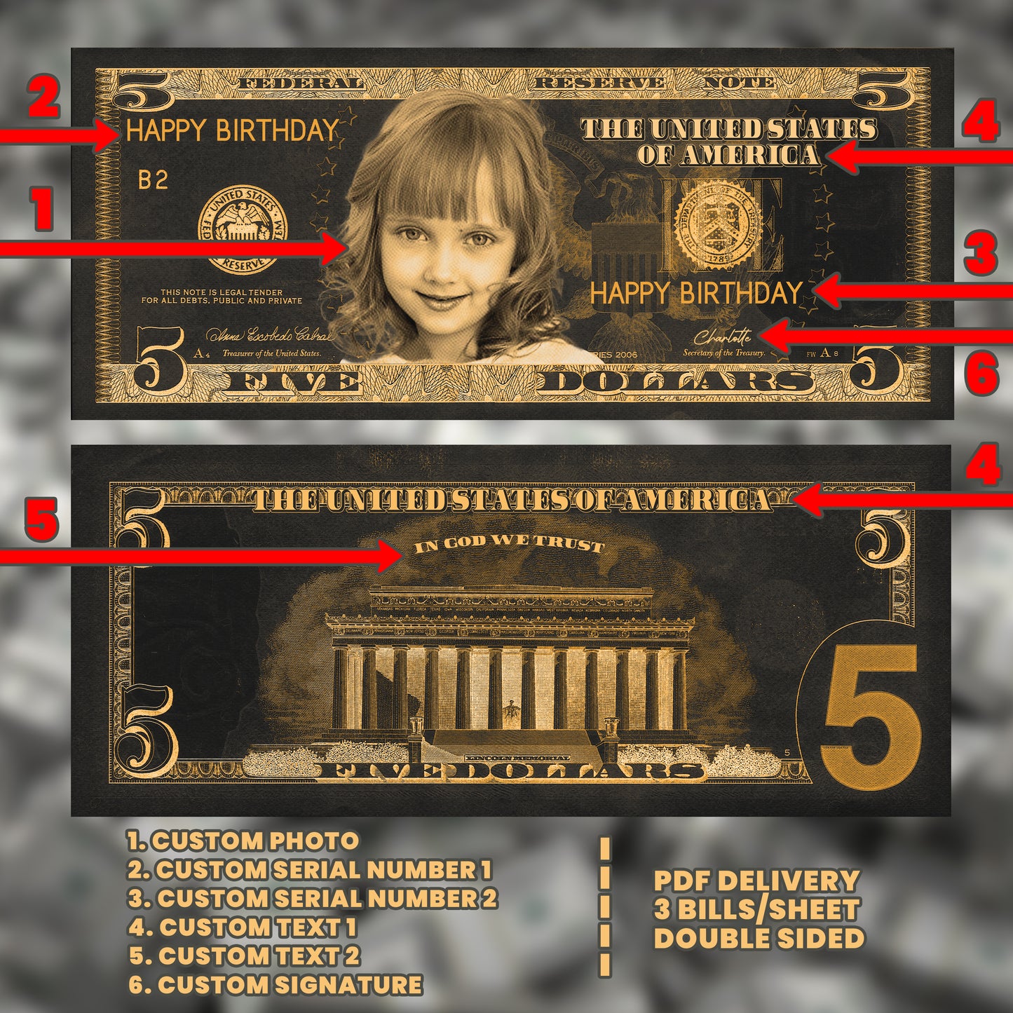 Personalized black and orange Halloween $5 bill, designed for adding a festive touch to your spooky event or party