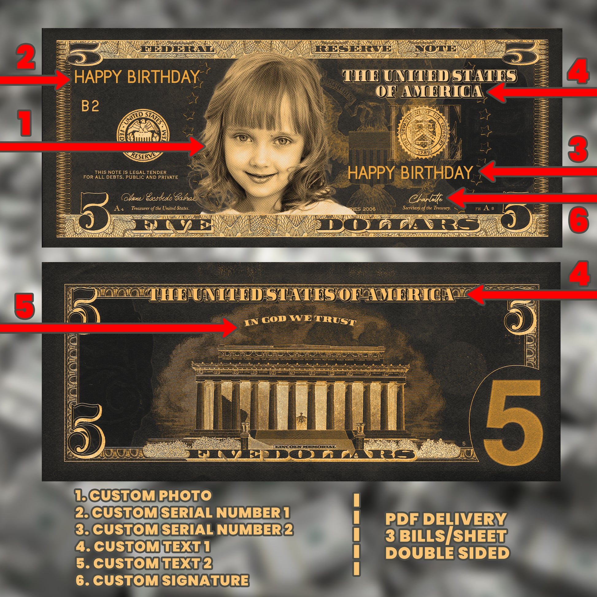 Personalized black and orange Halloween $5 bill, designed for adding a festive touch to your spooky event or party