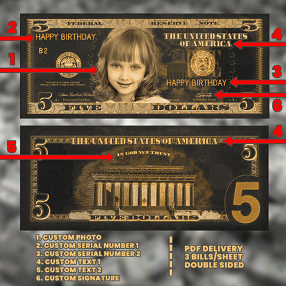 Personalized black and orange Halloween $5 bill, designed for adding a festive touch to your spooky event or party
