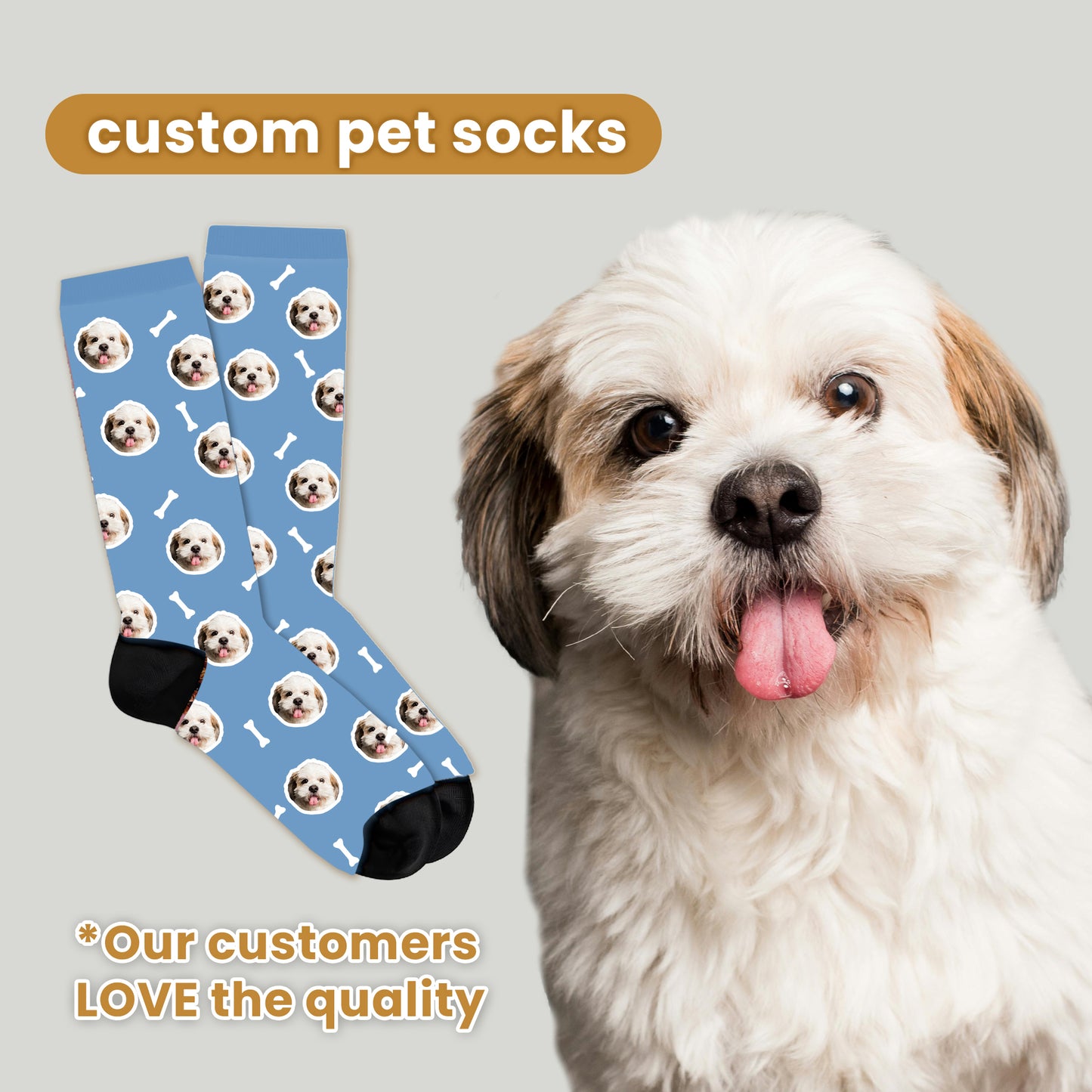 Custom pet face socks with bones and paws design, personalized with dog or cat face – perfect gift for pet lovers