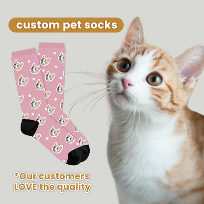 Unique custom socks with your pet’s face, featuring bones and paws designs, perfect for birthdays, Christmas, and pet gifts