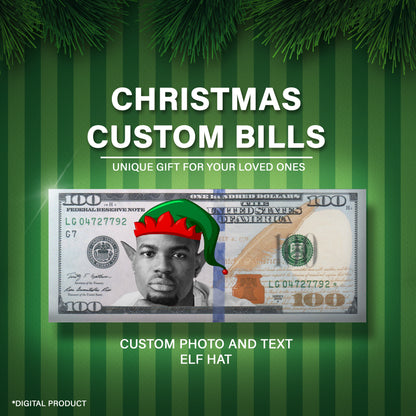 Custom Christmas dollar bill with Elf Hat and Ears, unique holiday gift or Secret Santa idea.