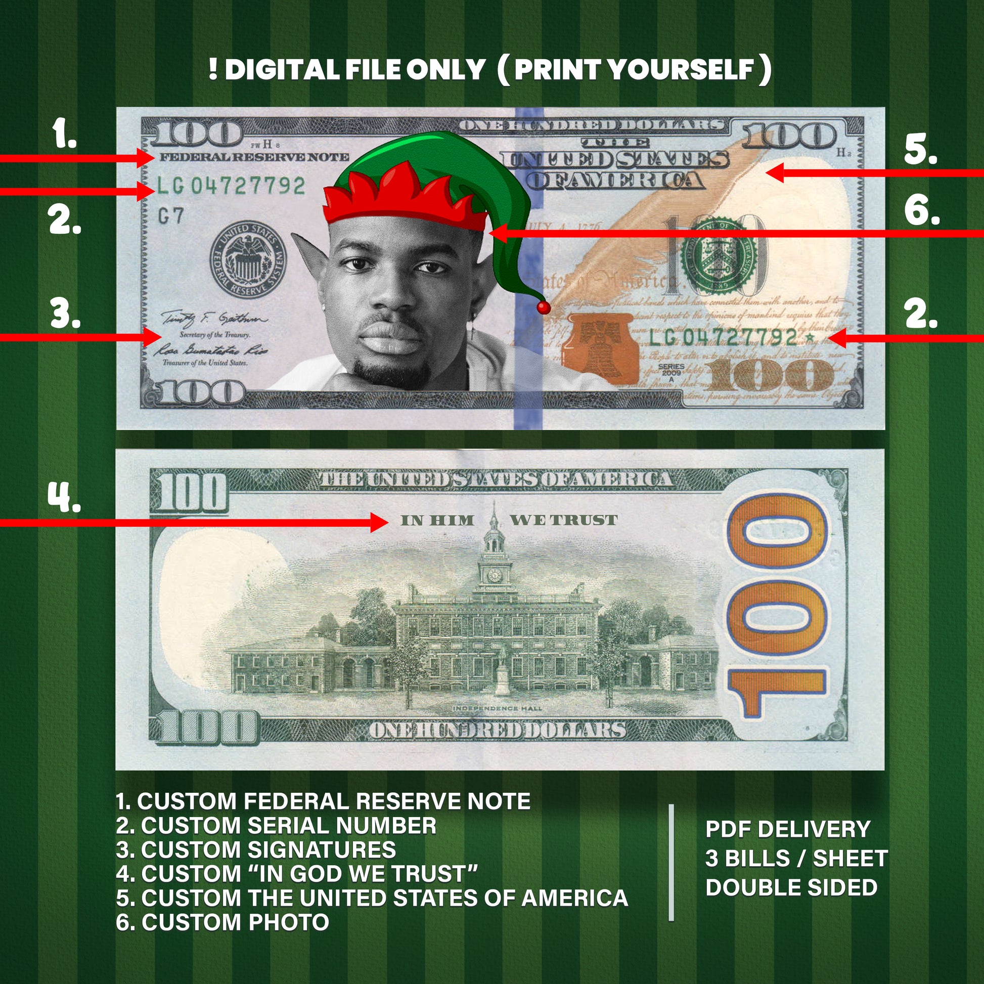 Personalized dollar bill featuring client’s photo with elf hat and ears, ideal for festive events and holiday keepsakes